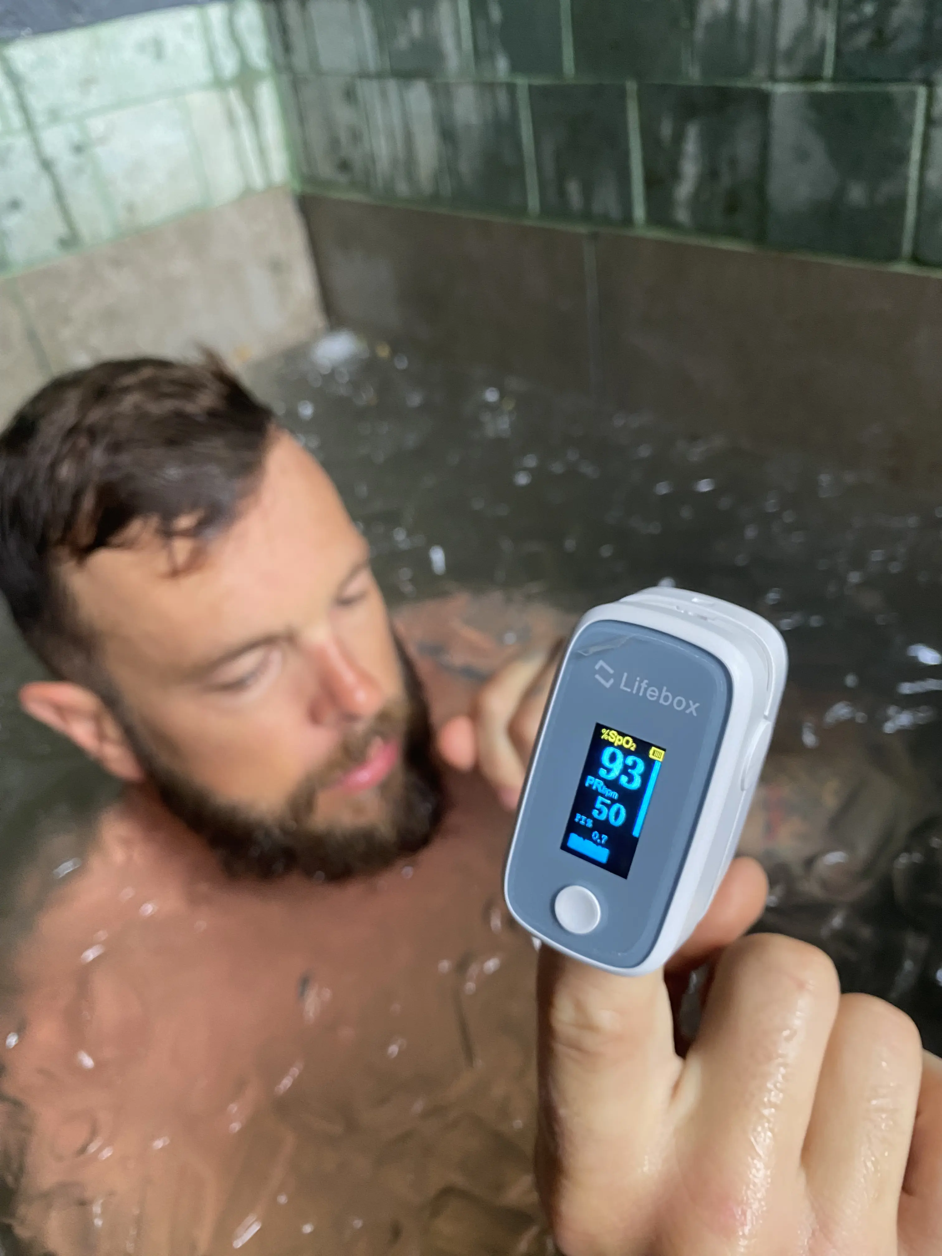 Checking oxygen levels after an ice bath session at Zen Pod